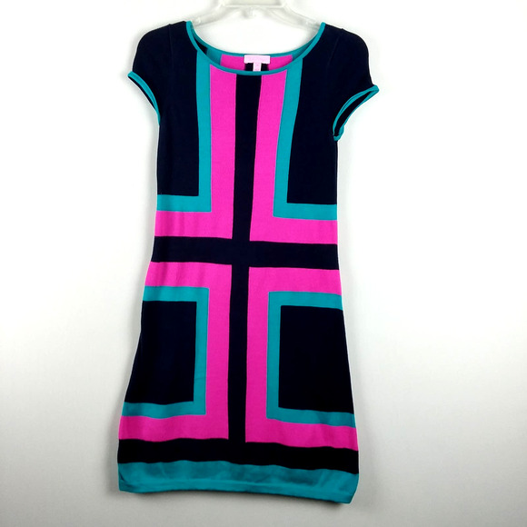 Lilly Pulitzer Isabella Sweater Dress Size XS Colorblock Pink Navy Knee Length - Picture 2 of 10